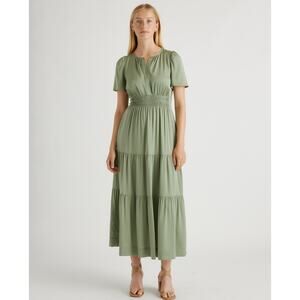 New! Quince Washable Stretch Silk Tiered Maxi Dress with Pockets Sz S Green #77